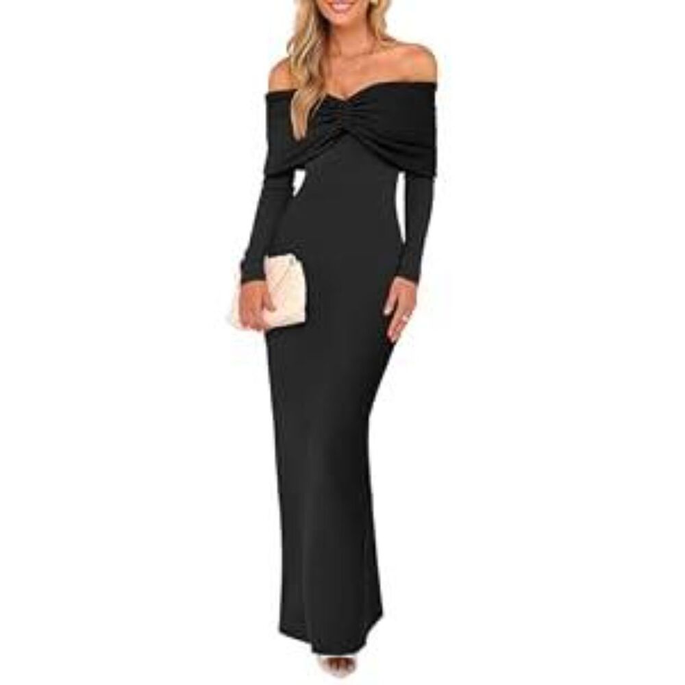 Brand New Caracilia Black Off-the-Shoulder Bodycon Maxi Dress
